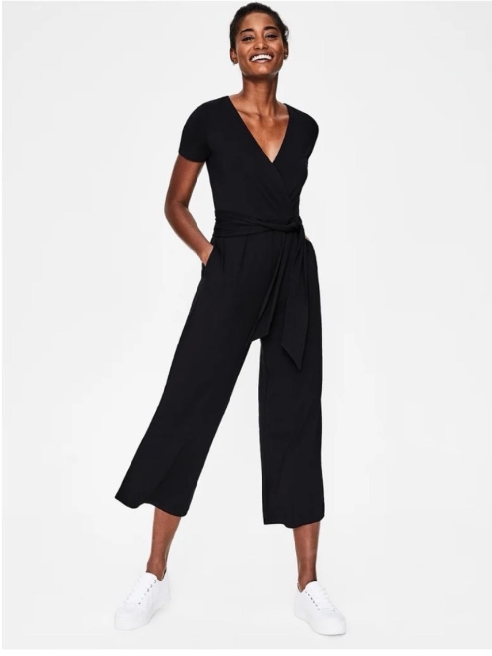 Boden Black V Neck Wide-Leg Jumpsuit with Tie Waist